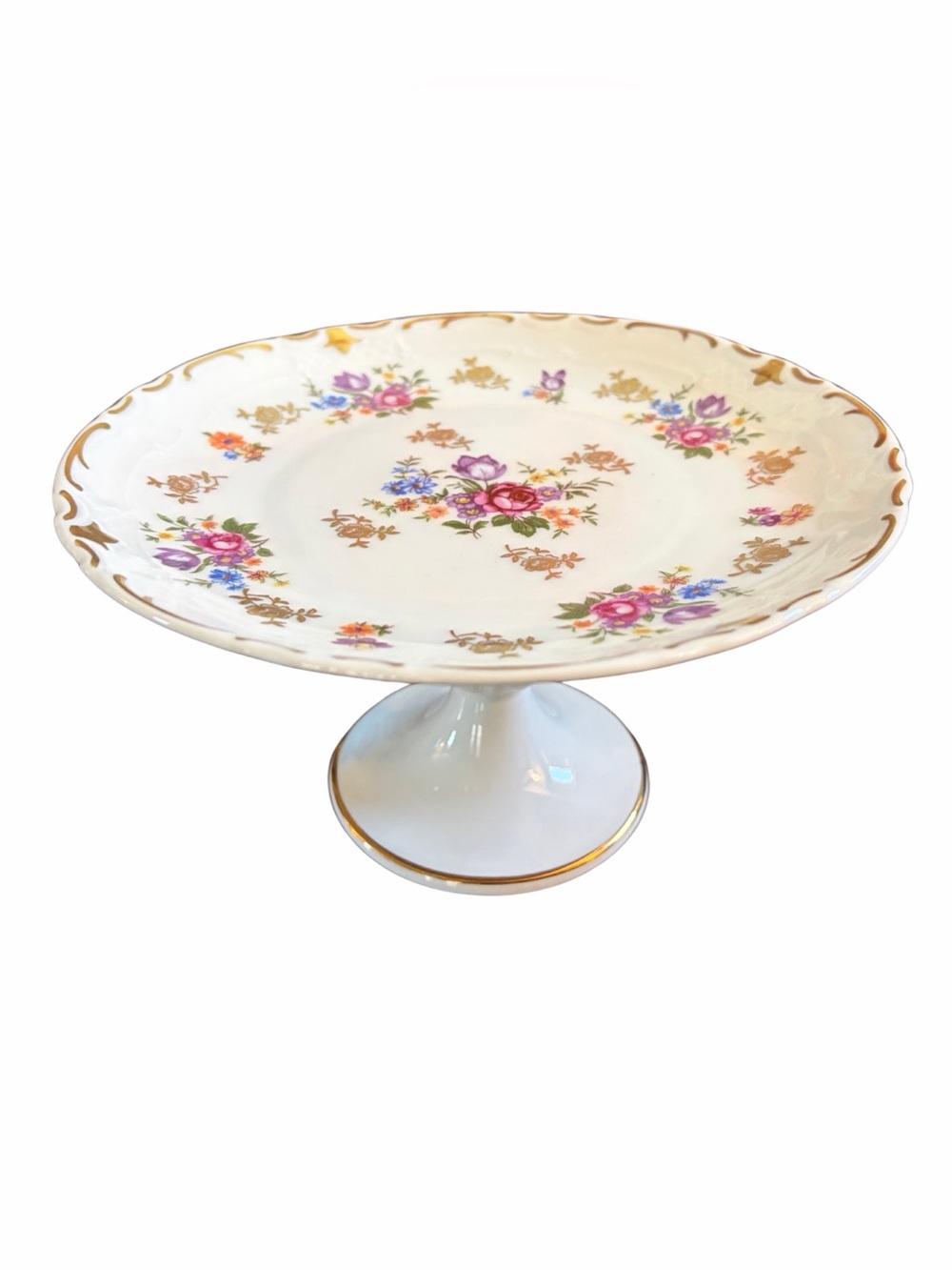 Vintage Floral & Gold Rim 7” Porcelain Pedestal Cake / Dessert Stand